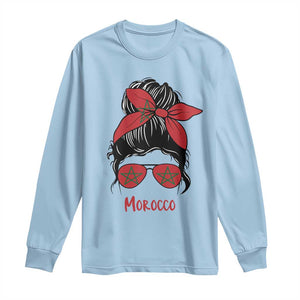 Morocco Girl Messy Bun with Flag Sunglasses Long Sleeve Shirt Proud Moroccan Woman Heritage TS02 Light Blue Print Your Wear