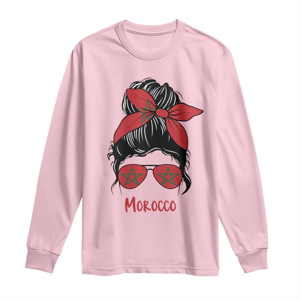 Morocco Girl Messy Bun with Flag Sunglasses Long Sleeve Shirt Proud Moroccan Woman Heritage TS02 Light Pink Print Your Wear
