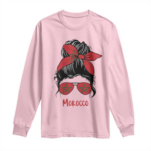 Morocco Girl Messy Bun with Flag Sunglasses Long Sleeve Shirt Proud Moroccan Woman Heritage TS02 Light Pink Print Your Wear