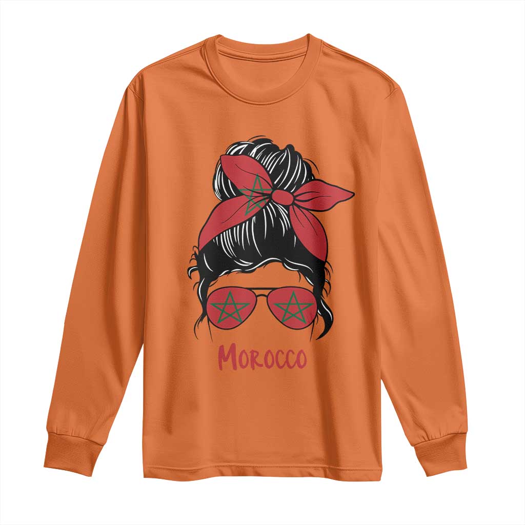 Morocco Girl Messy Bun with Flag Sunglasses Long Sleeve Shirt Proud Moroccan Woman Heritage TS02 Orange Print Your Wear