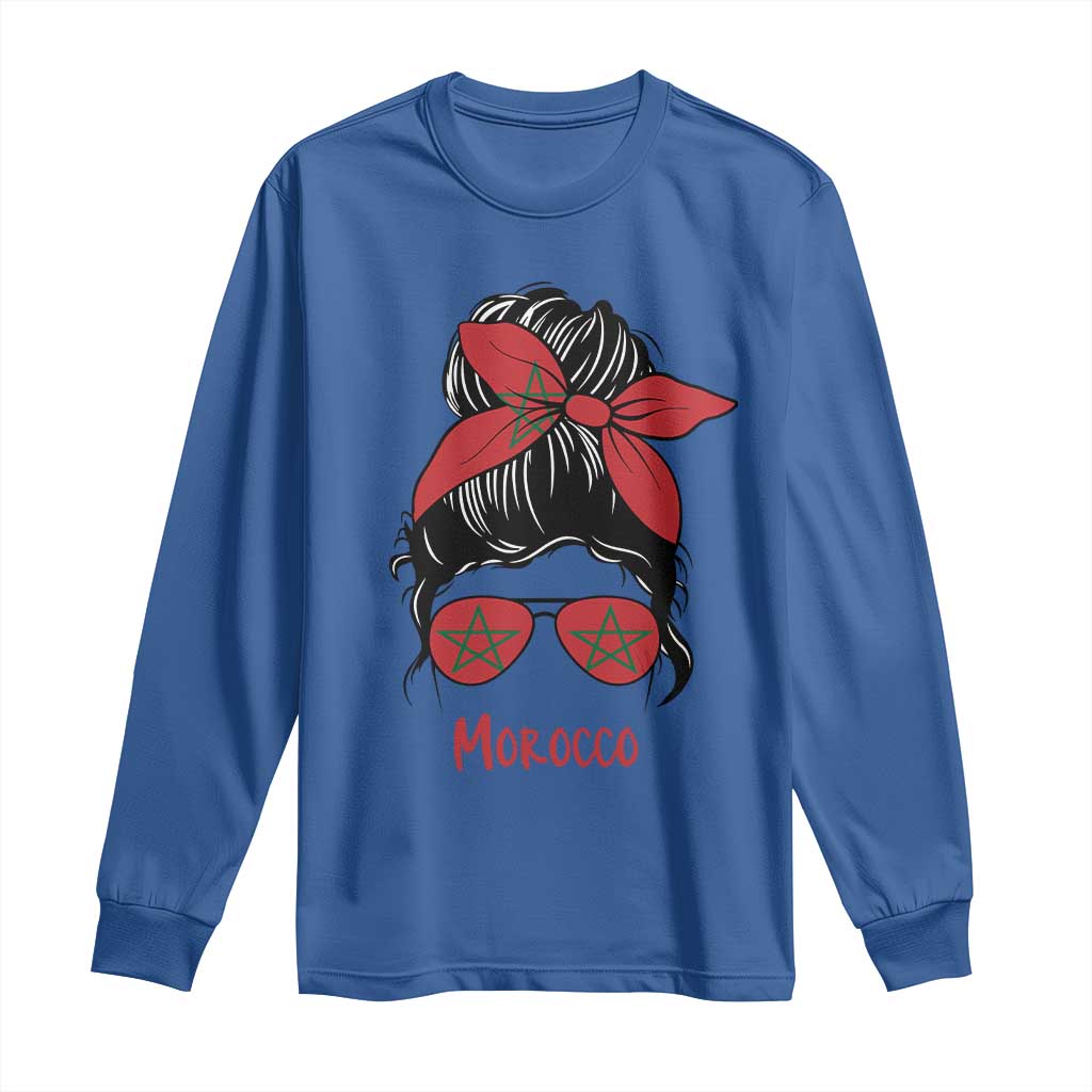 Morocco Girl Messy Bun with Flag Sunglasses Long Sleeve Shirt Proud Moroccan Woman Heritage TS02 S Royal Blue Print Your Wear