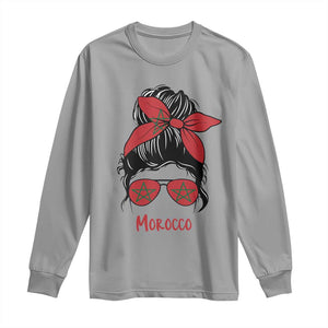 Morocco Girl Messy Bun with Flag Sunglasses Long Sleeve Shirt Proud Moroccan Woman Heritage TS02 Sport Gray Print Your Wear