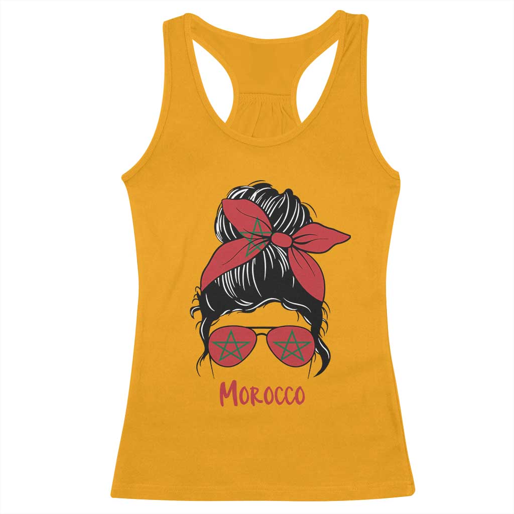 Morocco Girl Messy Bun with Flag Sunglasses Racerback Tank Top Proud Moroccan Woman Heritage TS02 Gold Print Your Wear