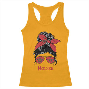 Morocco Girl Messy Bun with Flag Sunglasses Racerback Tank Top Proud Moroccan Woman Heritage TS02 Gold Print Your Wear