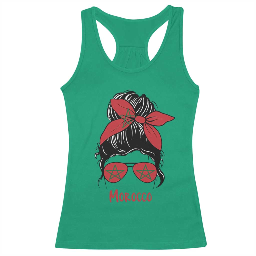 Morocco Girl Messy Bun with Flag Sunglasses Racerback Tank Top Proud Moroccan Woman Heritage TS02 Irish Green Print Your Wear