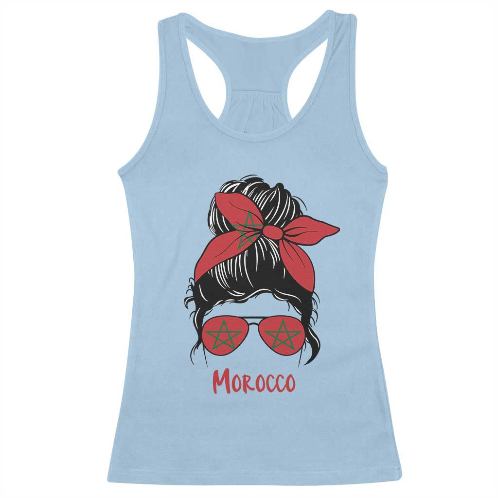 Morocco Girl Messy Bun with Flag Sunglasses Racerback Tank Top Proud Moroccan Woman Heritage TS02 Light Blue Print Your Wear