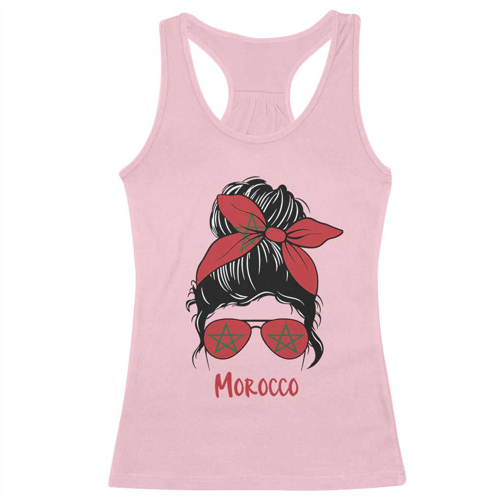 Morocco Girl Messy Bun with Flag Sunglasses Racerback Tank Top Proud Moroccan Woman Heritage TS02 Light Pink Print Your Wear