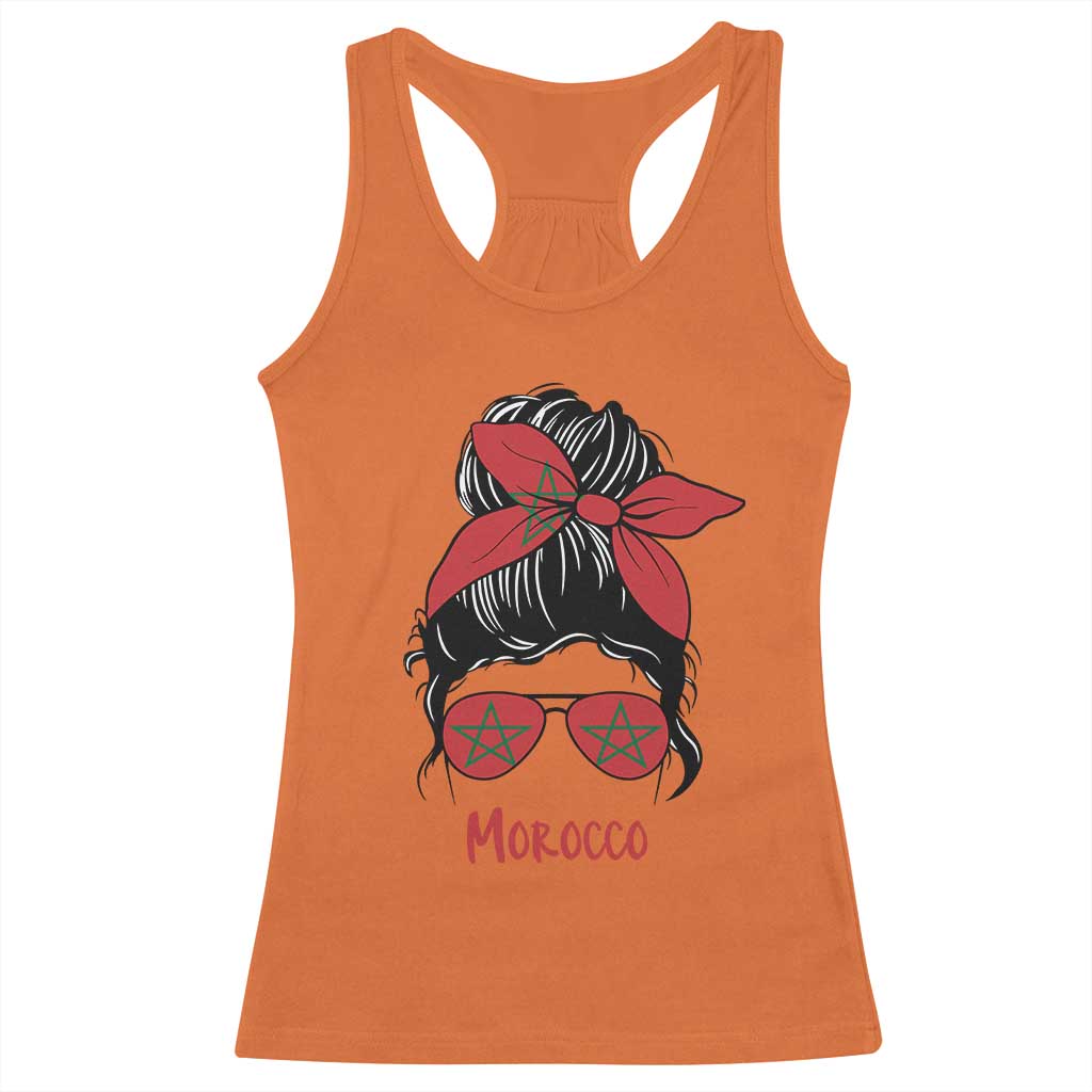 Morocco Girl Messy Bun with Flag Sunglasses Racerback Tank Top Proud Moroccan Woman Heritage TS02 Orange Print Your Wear