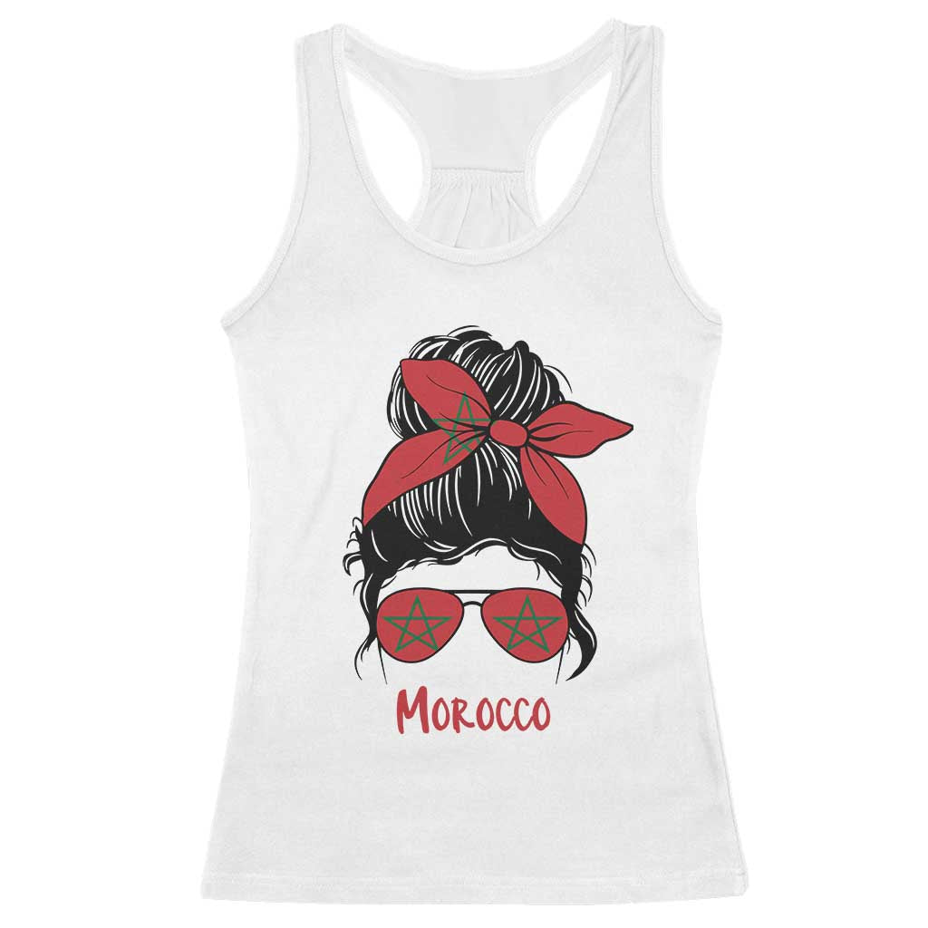 Morocco Girl Messy Bun with Flag Sunglasses Racerback Tank Top Proud Moroccan Woman Heritage TS02 White Print Your Wear
