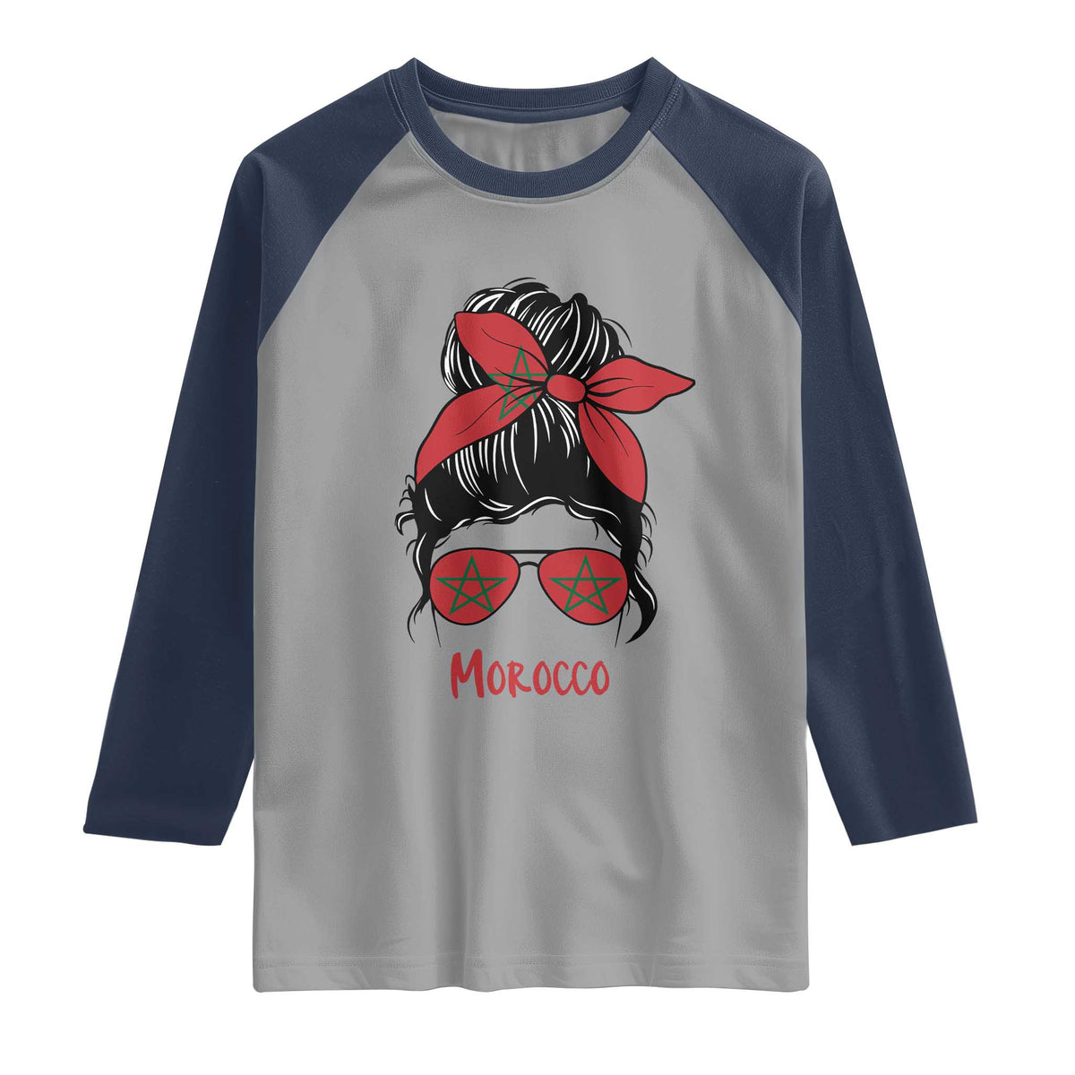 Morocco Girl Messy Bun with Flag Sunglasses Raglan Shirt Proud Moroccan Woman Heritage TS02 Sport Gray Navy Print Your Wear