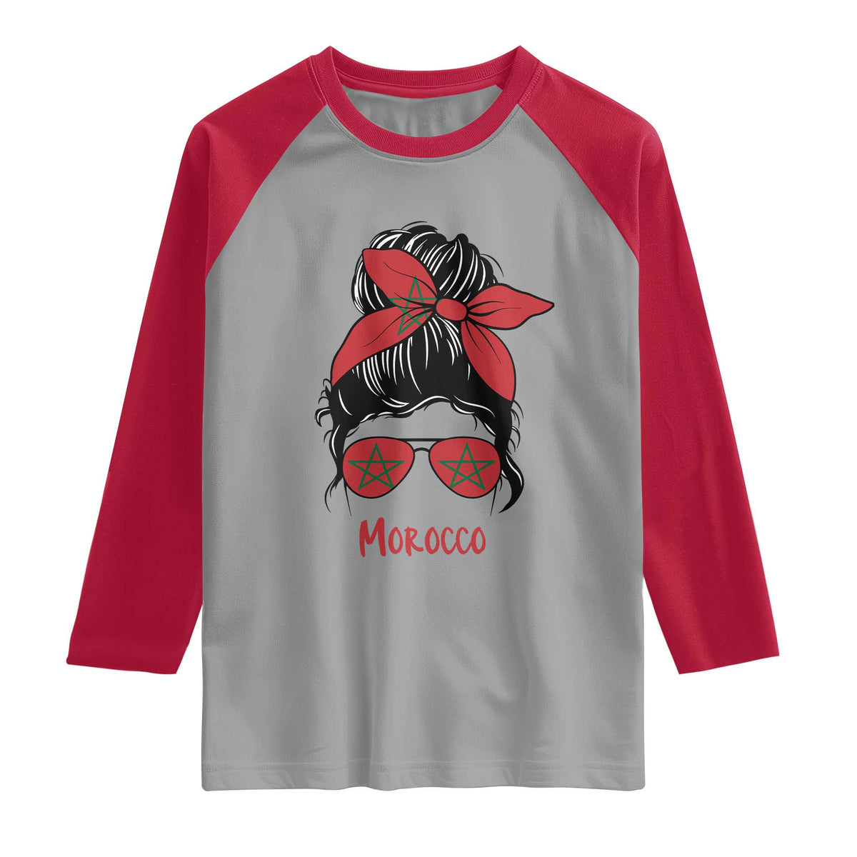 Morocco Girl Messy Bun with Flag Sunglasses Raglan Shirt Proud Moroccan Woman Heritage TS02 Sport Gray Red Print Your Wear