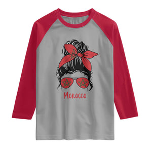 Morocco Girl Messy Bun with Flag Sunglasses Raglan Shirt Proud Moroccan Woman Heritage TS02 Sport Gray Red Print Your Wear