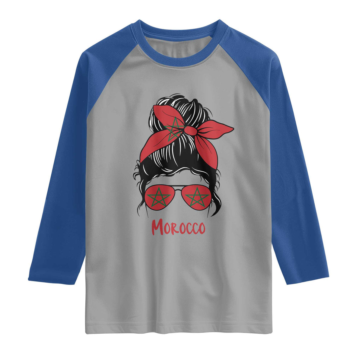 Morocco Girl Messy Bun with Flag Sunglasses Raglan Shirt Proud Moroccan Woman Heritage TS02 Sport Gray Royal Print Your Wear