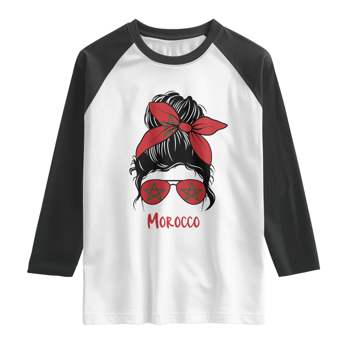 Morocco Girl Messy Bun with Flag Sunglasses Raglan Shirt Proud Moroccan Woman Heritage TS02 White Black Print Your Wear