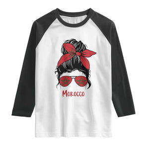 Morocco Girl Messy Bun with Flag Sunglasses Raglan Shirt Proud Moroccan Woman Heritage TS02 White Black Print Your Wear
