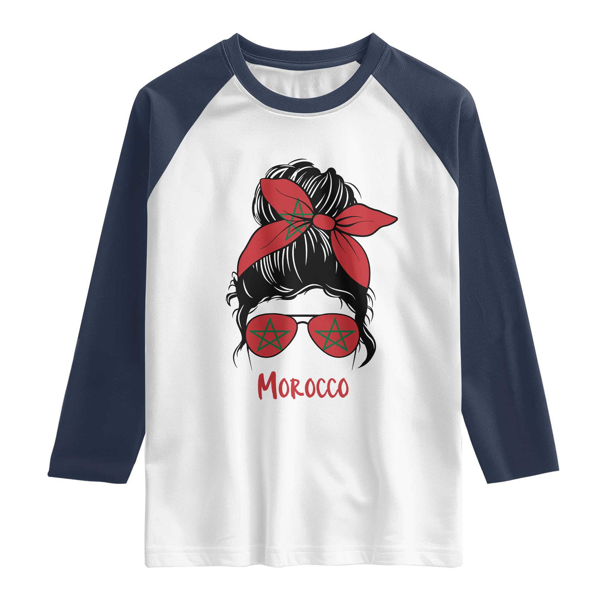 Morocco Girl Messy Bun with Flag Sunglasses Raglan Shirt Proud Moroccan Woman Heritage TS02 XS White Navy Print Your Wear