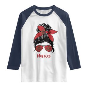 Morocco Girl Messy Bun with Flag Sunglasses Raglan Shirt Proud Moroccan Woman Heritage TS02 XS White Navy Print Your Wear