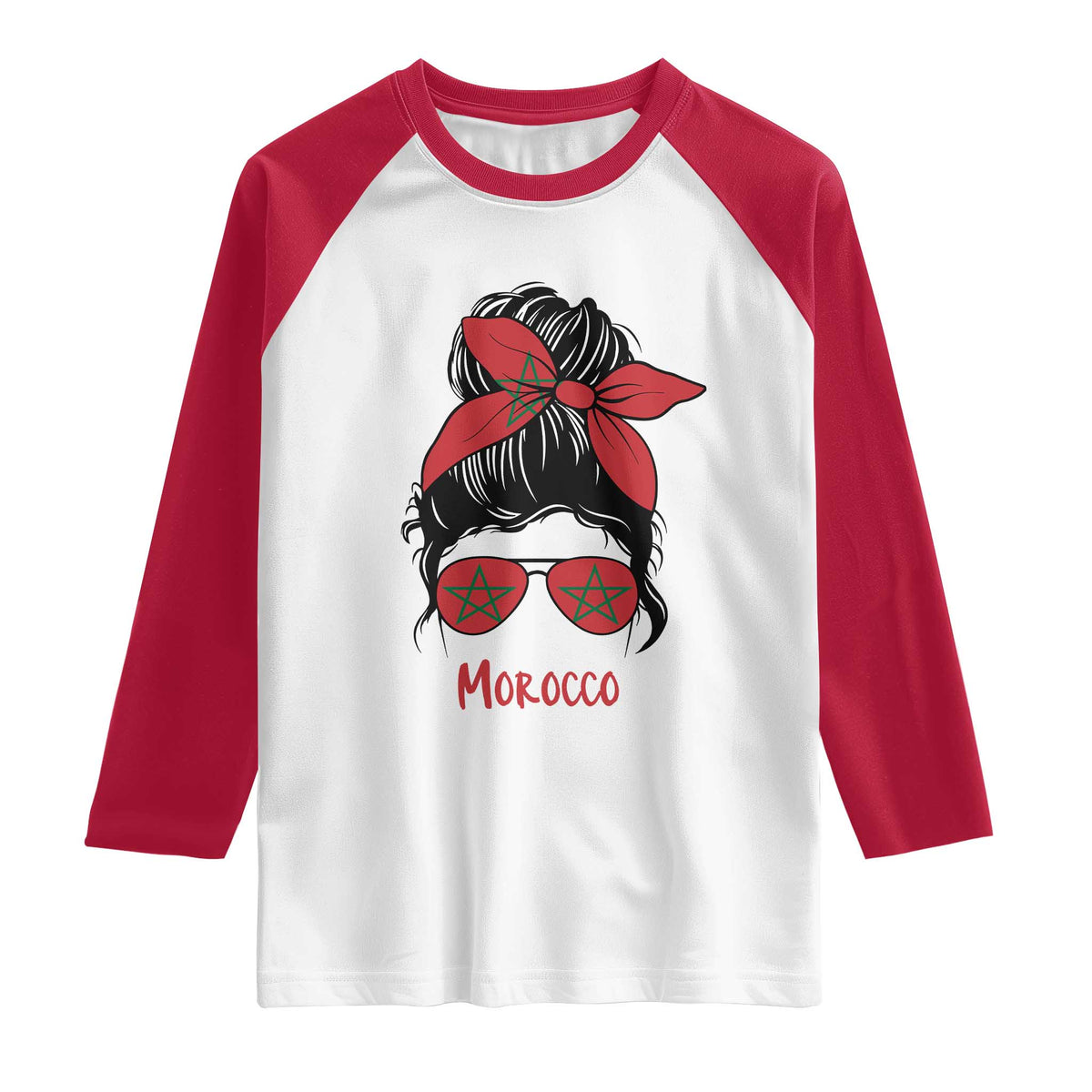 Morocco Girl Messy Bun with Flag Sunglasses Raglan Shirt Proud Moroccan Woman Heritage TS02 White Red Print Your Wear