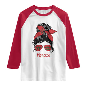 Morocco Girl Messy Bun with Flag Sunglasses Raglan Shirt Proud Moroccan Woman Heritage TS02 White Red Print Your Wear