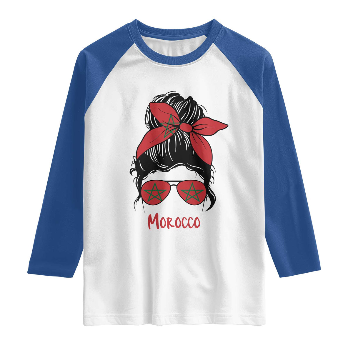 Morocco Girl Messy Bun with Flag Sunglasses Raglan Shirt Proud Moroccan Woman Heritage TS02 White Royal Print Your Wear