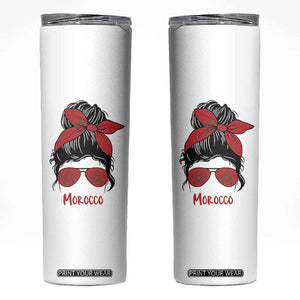 Morocco Girl Messy Bun with Flag Sunglasses Skinny Tumbler Proud Moroccan Woman Heritage TS02 White Print Your Wear