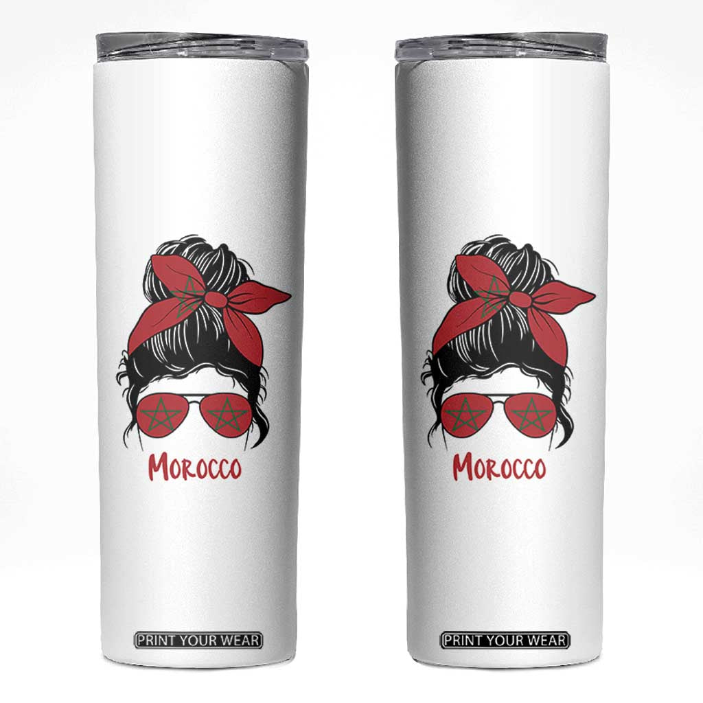 Morocco Girl Messy Bun with Flag Sunglasses Skinny Tumbler Proud Moroccan Woman Heritage TS02 White Print Your Wear
