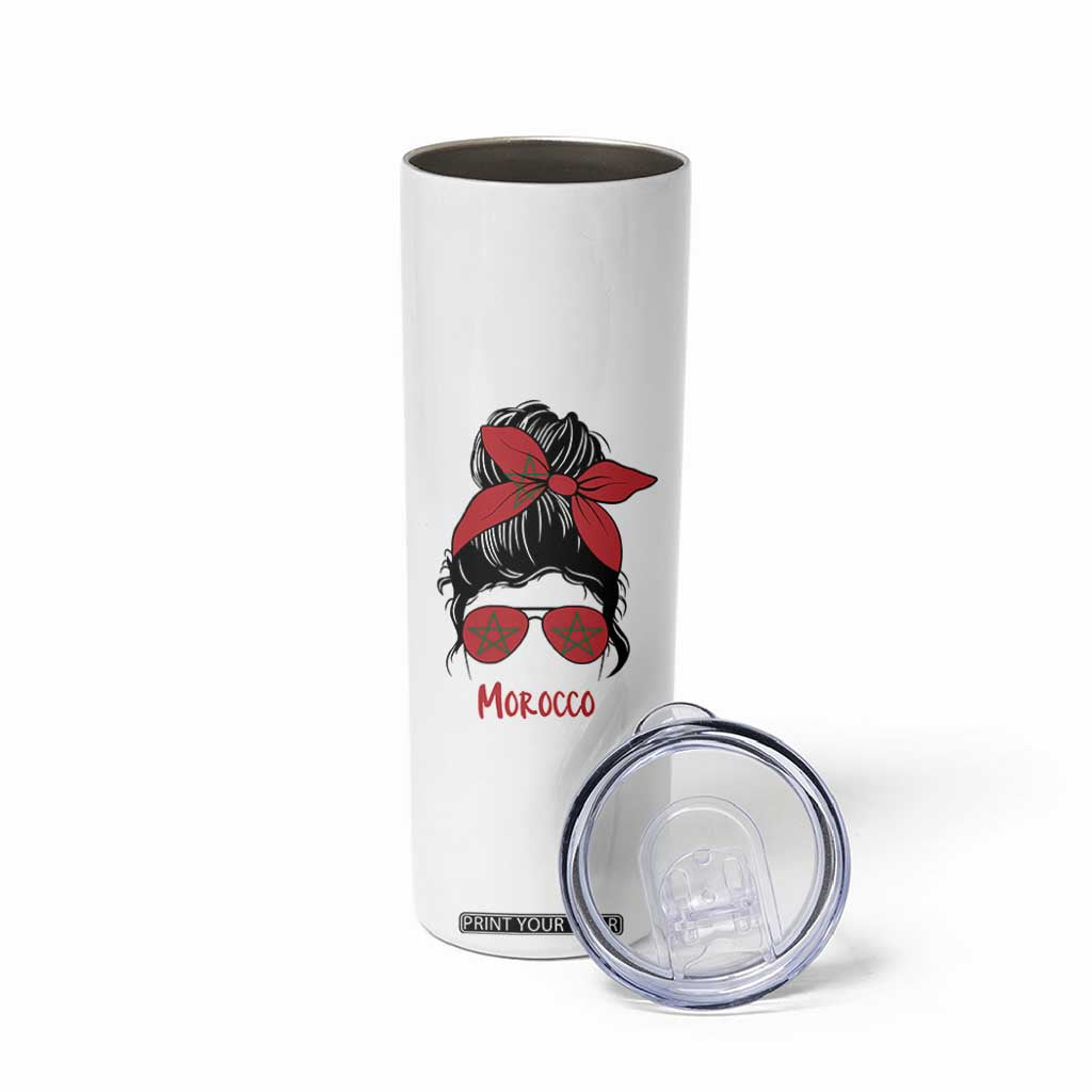 Morocco Girl Messy Bun with Flag Sunglasses Skinny Tumbler Proud Moroccan Woman Heritage TS02 Print Your Wear