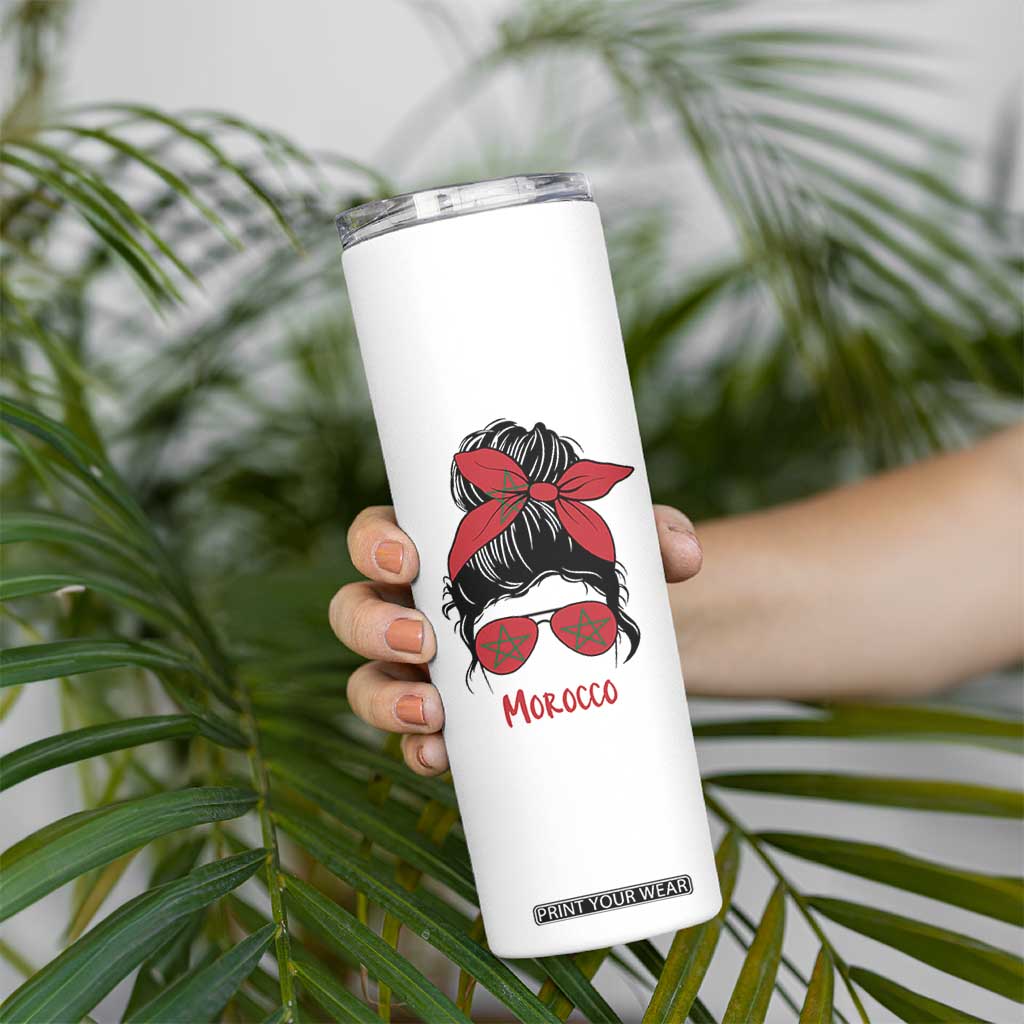 Morocco Girl Messy Bun with Flag Sunglasses Skinny Tumbler Proud Moroccan Woman Heritage TS02 Print Your Wear