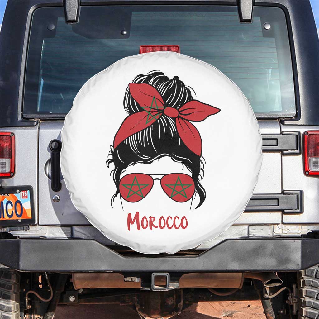 Morocco Girl Messy Bun with Flag Sunglasses Spare Tire Cover Proud Moroccan Woman Heritage TS02 No hole White Print Your Wear