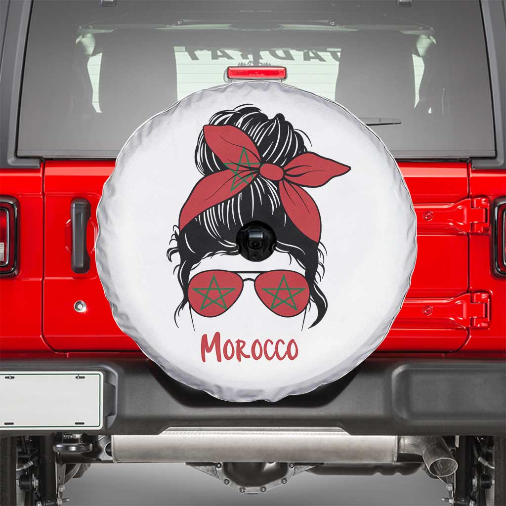 Morocco Girl Messy Bun with Flag Sunglasses Spare Tire Cover Proud Moroccan Woman Heritage TS02 White Print Your Wear
