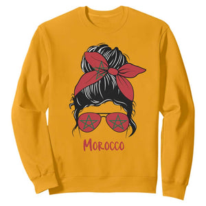 Morocco Girl Messy Bun with Flag Sunglasses Sweatshirt Proud Moroccan Woman Heritage TS02 Gold Print Your Wear