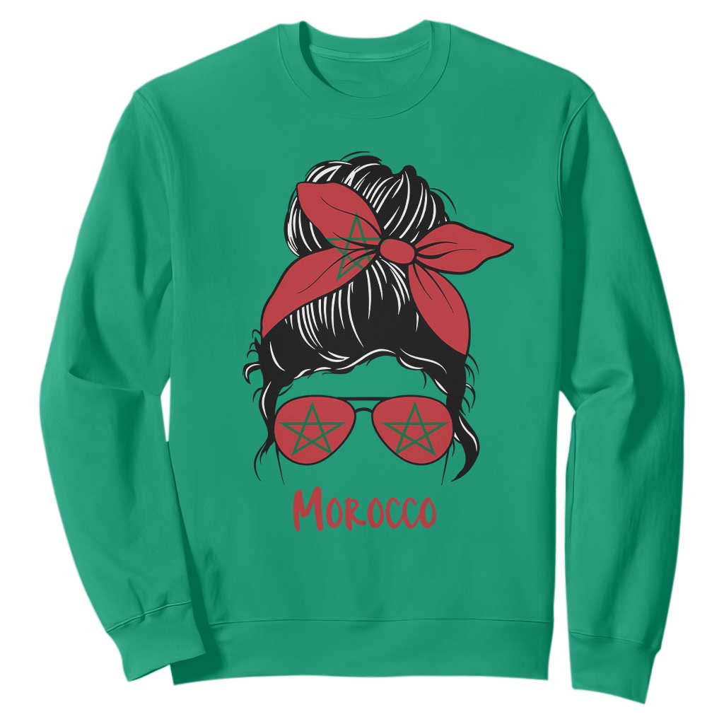 Morocco Girl Messy Bun with Flag Sunglasses Sweatshirt Proud Moroccan Woman Heritage TS02 Irish Green Print Your Wear