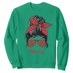 Morocco Girl Messy Bun with Flag Sunglasses Sweatshirt Proud Moroccan Woman Heritage TS02 Irish Green Print Your Wear