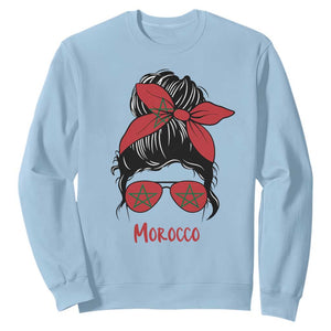 Morocco Girl Messy Bun with Flag Sunglasses Sweatshirt Proud Moroccan Woman Heritage TS02 Light Blue Print Your Wear