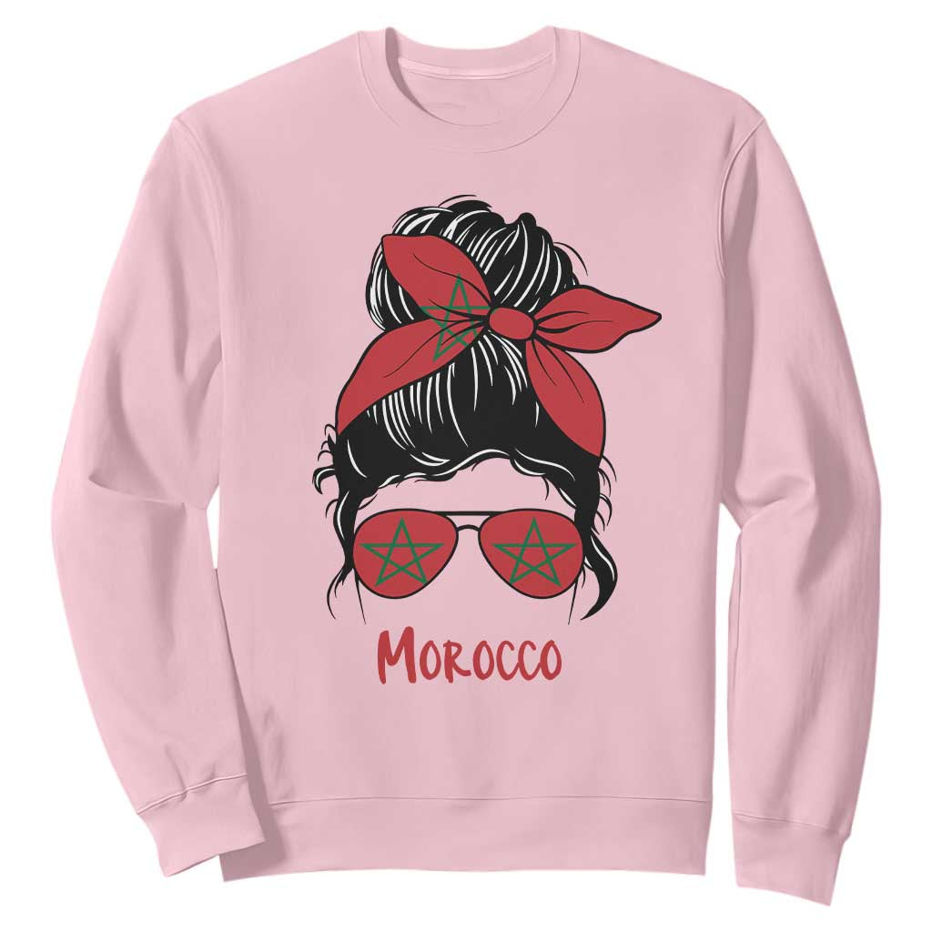 Morocco Girl Messy Bun with Flag Sunglasses Sweatshirt Proud Moroccan Woman Heritage TS02 Light Pink Print Your Wear
