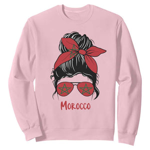 Morocco Girl Messy Bun with Flag Sunglasses Sweatshirt Proud Moroccan Woman Heritage TS02 Light Pink Print Your Wear
