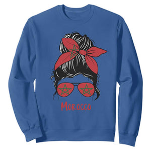 Morocco Girl Messy Bun with Flag Sunglasses Sweatshirt Proud Moroccan Woman Heritage TS02 Royal Blue Print Your Wear