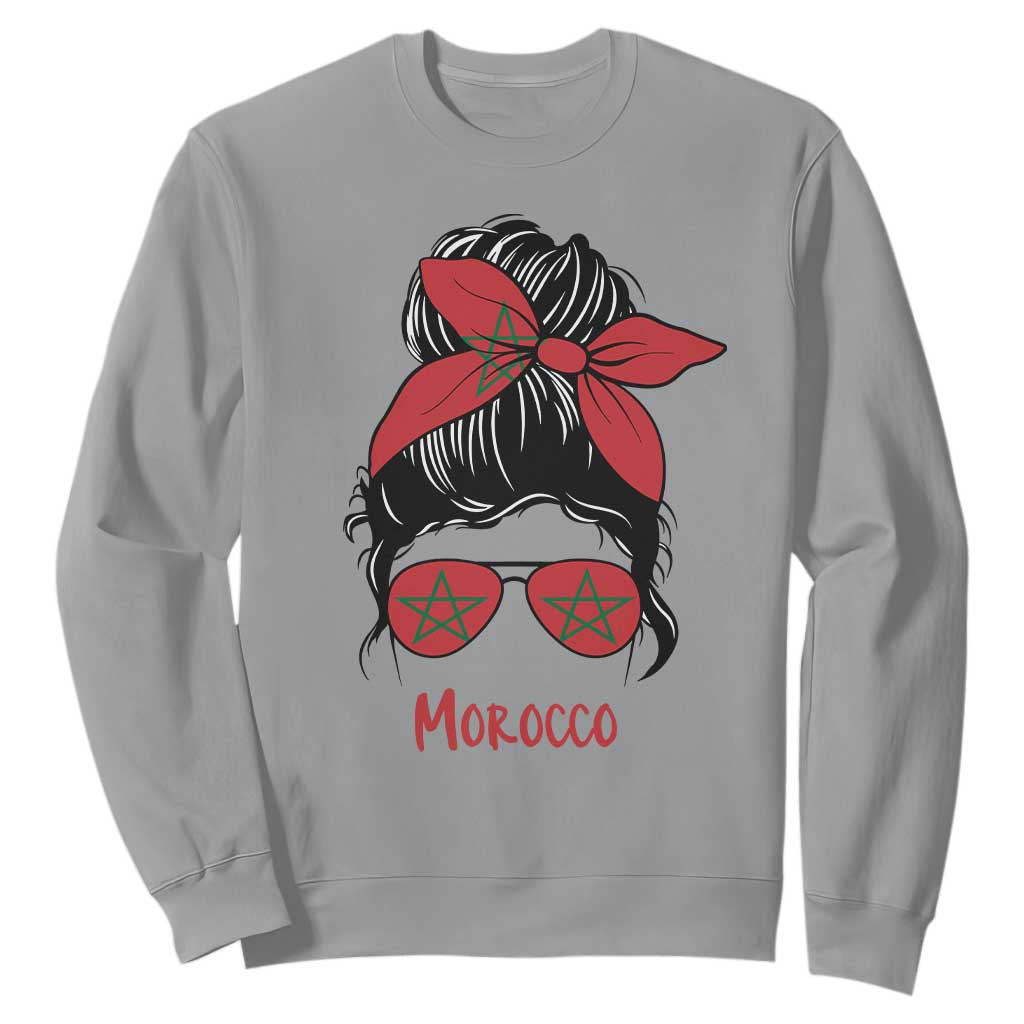 Morocco Girl Messy Bun with Flag Sunglasses Sweatshirt Proud Moroccan Woman Heritage TS02 Sport Gray Print Your Wear
