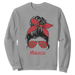 Morocco Girl Messy Bun with Flag Sunglasses Sweatshirt Proud Moroccan Woman Heritage TS02 Sport Gray Print Your Wear