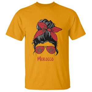 Morocco Girl Messy Bun with Flag Sunglasses T Shirt Proud Moroccan Woman Heritage TS02 Gold Print Your Wear