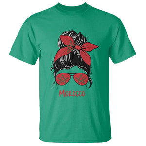 Morocco Girl Messy Bun with Flag Sunglasses T Shirt Proud Moroccan Woman Heritage TS02 Irish Green Print Your Wear