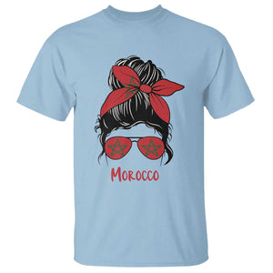 Morocco Girl Messy Bun with Flag Sunglasses T Shirt Proud Moroccan Woman Heritage TS02 Light Blue Print Your Wear