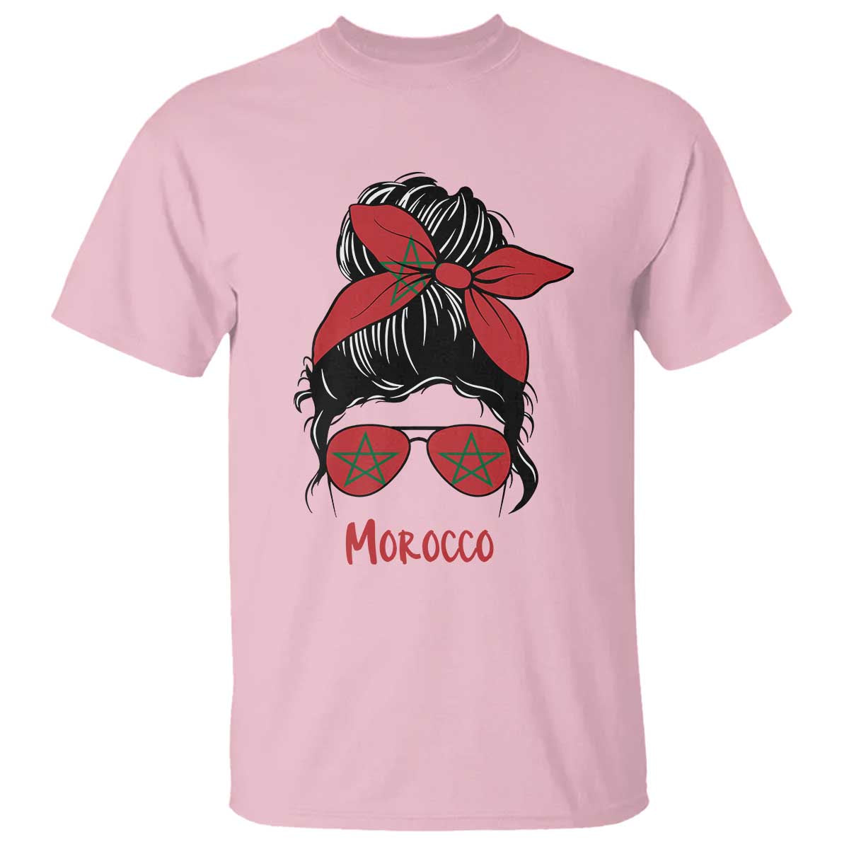 Morocco Girl Messy Bun with Flag Sunglasses T Shirt Proud Moroccan Woman Heritage TS02 Light Pink Print Your Wear