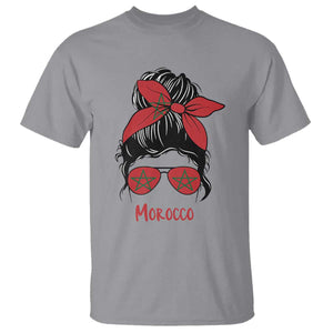 Morocco Girl Messy Bun with Flag Sunglasses T Shirt Proud Moroccan Woman Heritage TS02 Sport Gray Print Your Wear