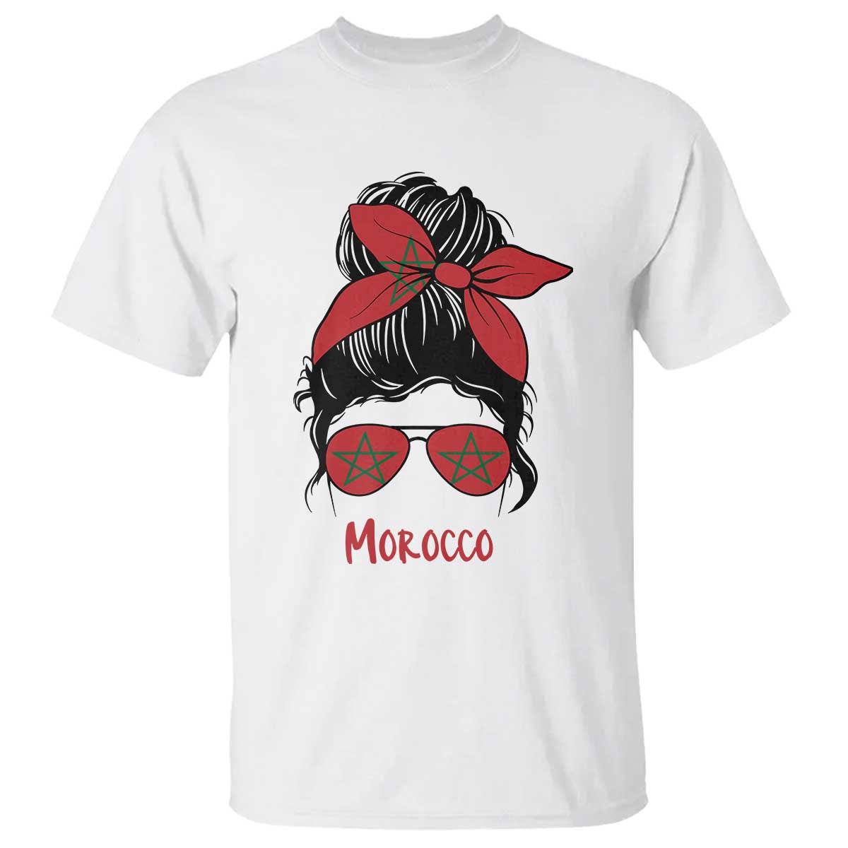 Morocco Girl Messy Bun with Flag Sunglasses T Shirt Proud Moroccan Woman Heritage TS02 White Print Your Wear