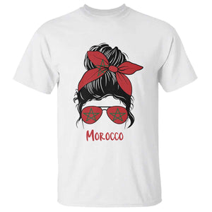 Morocco Girl Messy Bun with Flag Sunglasses T Shirt Proud Moroccan Woman Heritage TS02 White Print Your Wear