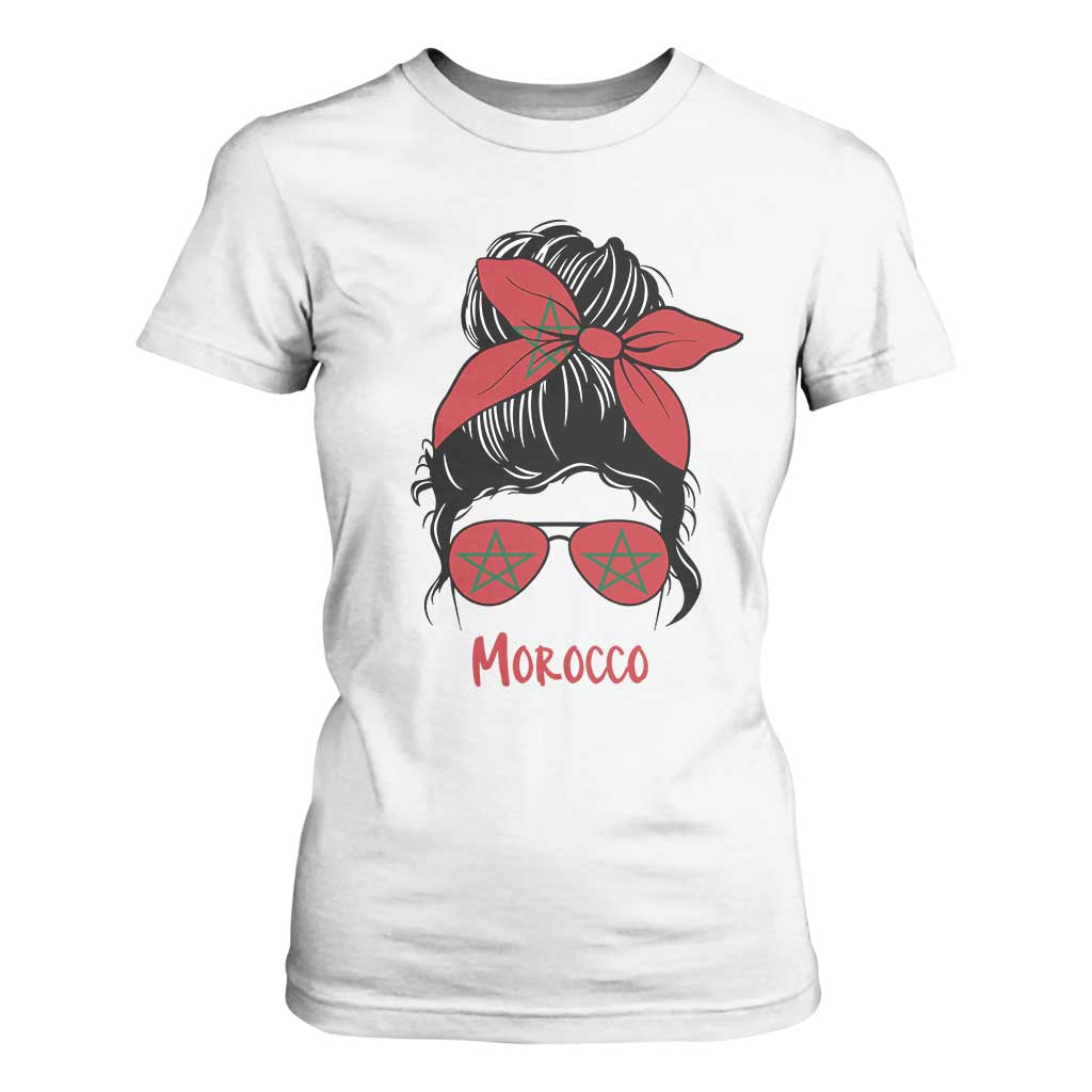 Morocco Girl Messy Bun with Flag Sunglasses T Shirt For Women Proud Moroccan Woman Heritage TS02 White Print Your Wear