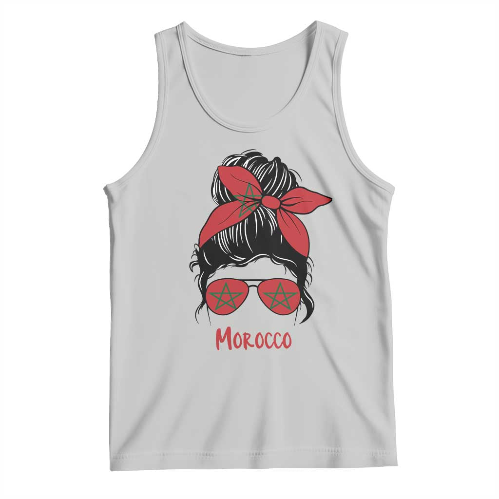 Morocco Girl Messy Bun with Flag Sunglasses Tank Top Proud Moroccan Woman Heritage TS02 Ash Print Your Wear