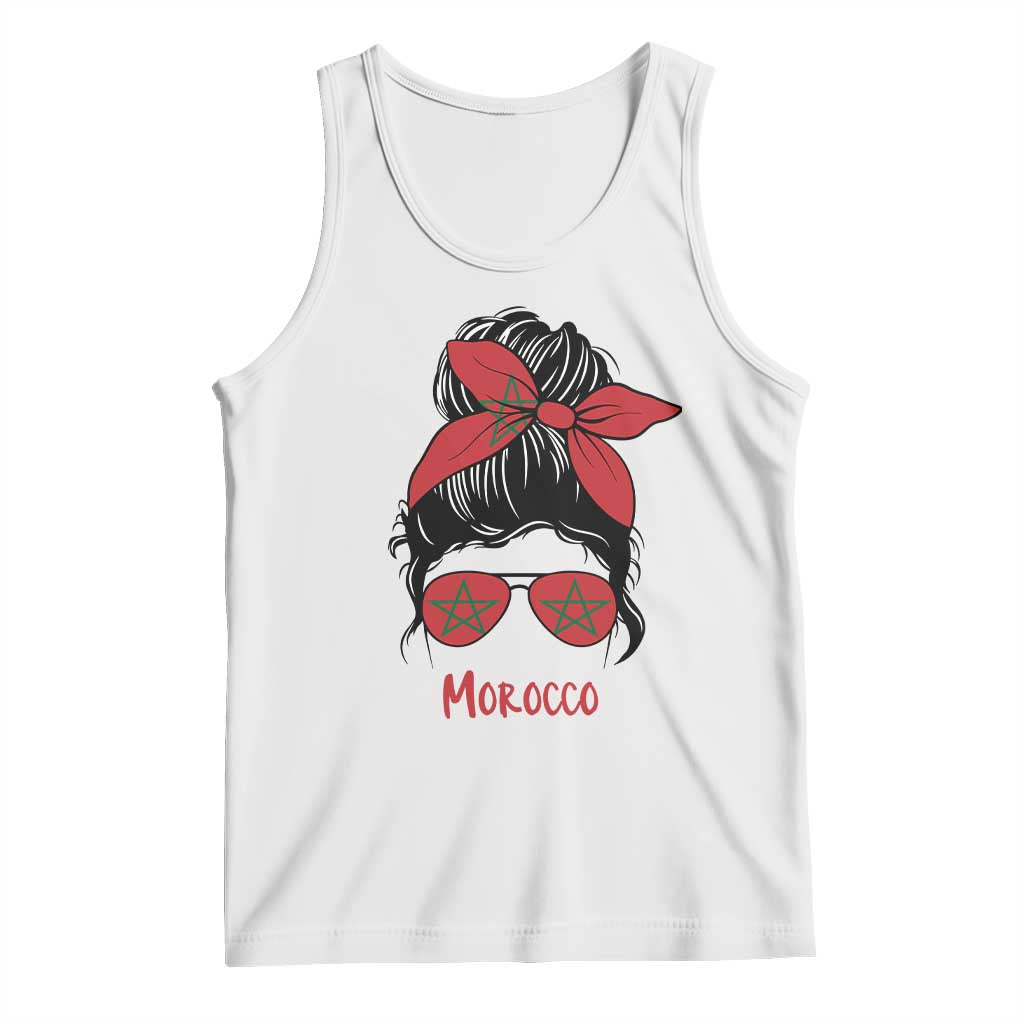 Morocco Girl Messy Bun with Flag Sunglasses Tank Top Proud Moroccan Woman Heritage TS02 White Print Your Wear