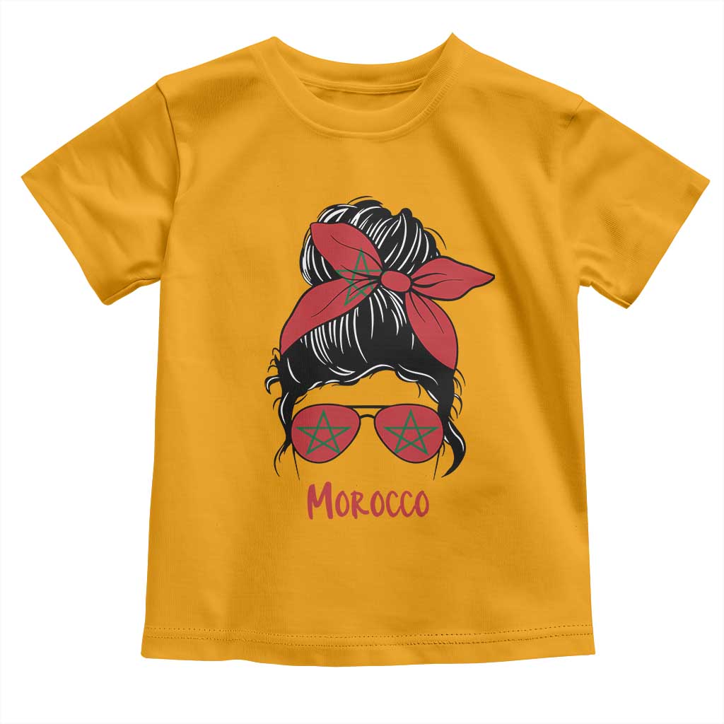 Morocco Girl Messy Bun with Flag Sunglasses Toddler T Shirt Proud Moroccan Woman Heritage TS02 Gold Print Your Wear